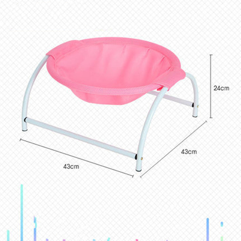 Pink pet camping bed with mesh hammock and light gray frame; 43cm x 43cm x 24cm