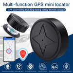 Mini GPS tracker with strong magnet, black circular body with star emblem