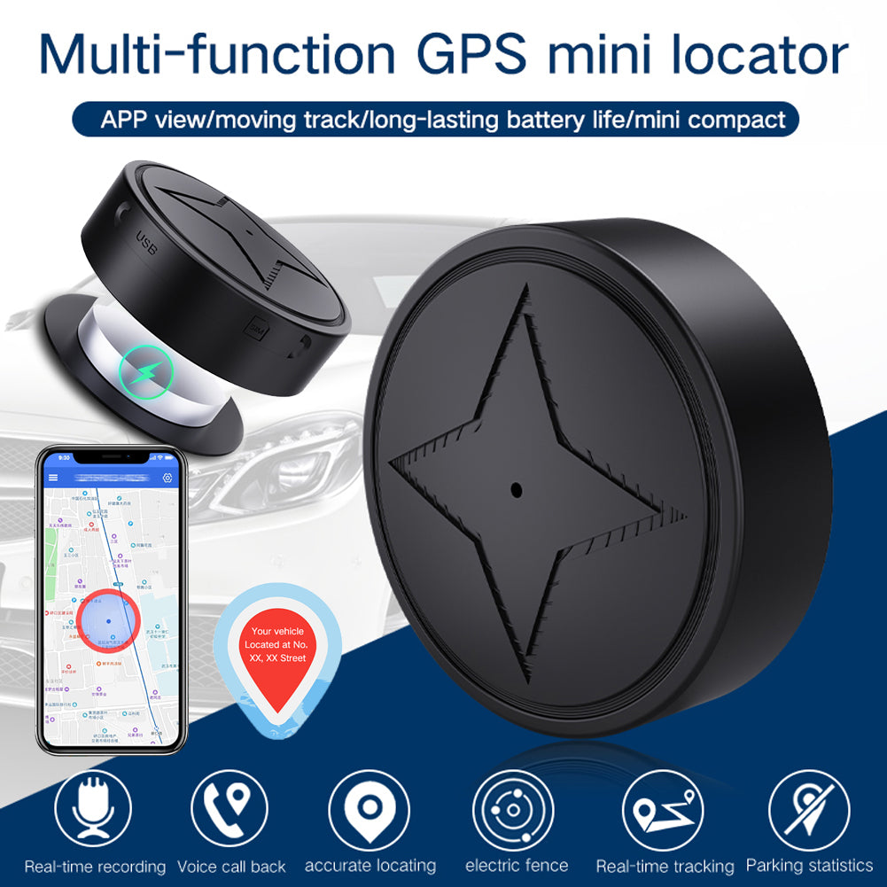 Mini GPS tracker with strong magnet, black circular body with star emblem