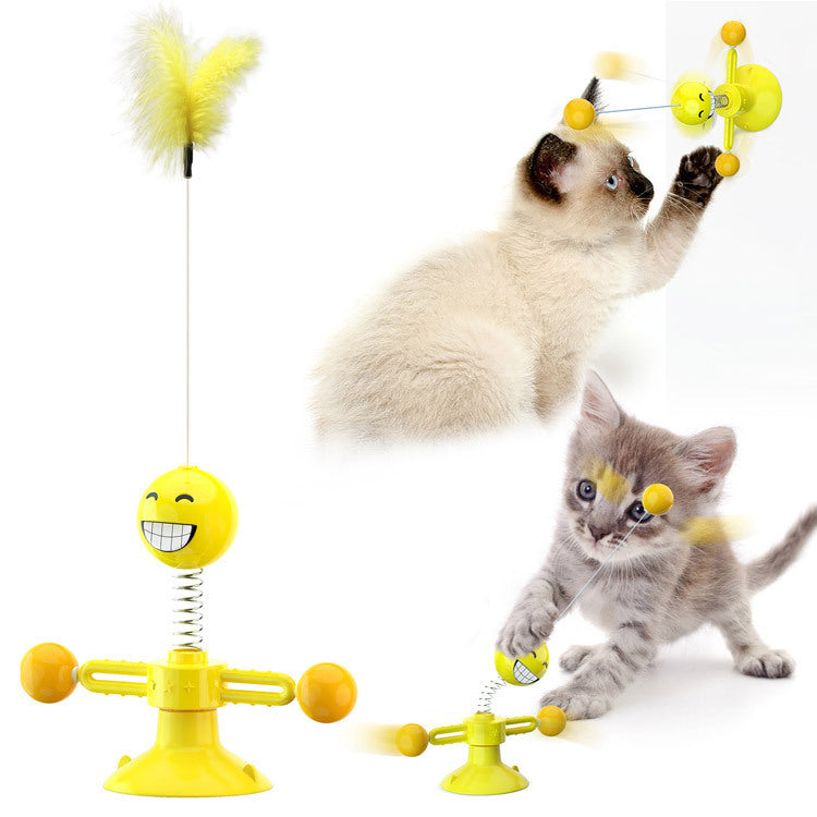 Cat rotating windmill toy in yellow with spring pole and spinning ball attachments