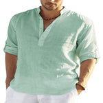 Men's cotton-linen long-sleeve shirt, mint green stand collar with button placket