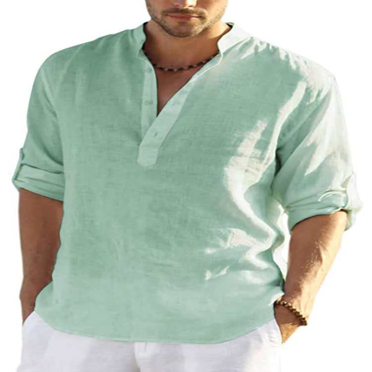 Men's cotton-linen long-sleeve shirt, mint green stand collar with button placket