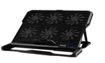 Laptop cooling stand in black with embossed fan pattern on metal mesh top