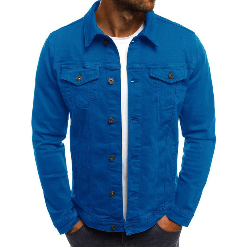 Men's denim button-front jacket with two chest flap pockets, blue color.