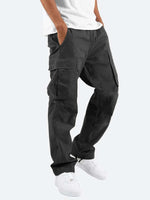 Men’s cargo pants, dark charcoal, multi-pocket cargo design, drawstring waist