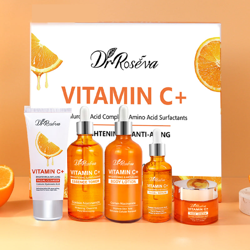 Vitamin C+ skincare kit with face serum, toner, cleanser, body lotion, and cream jar