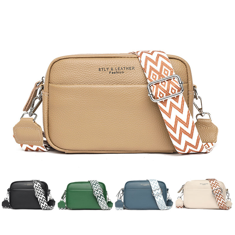 Genuine leather crossbody bag with beige body and patterned wide strap, silver buckle