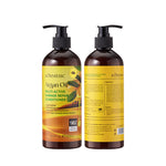 Argan oil hair oil pump bottles, front and back views