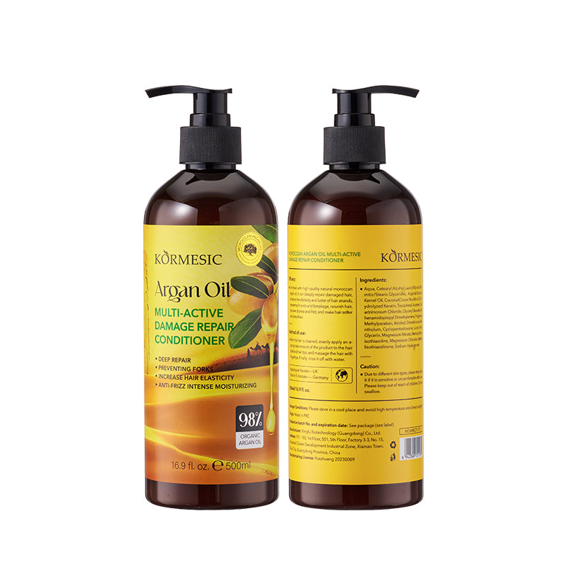 Argan oil hair oil pump bottles, front and back views