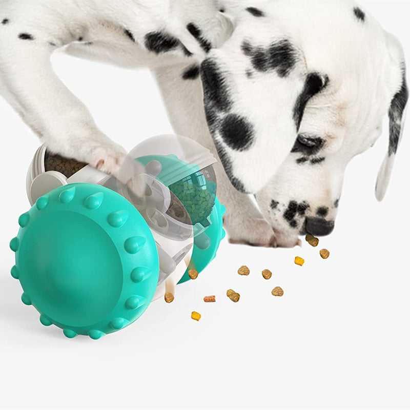 Teal-green interactive slow feed pet toy with white gray access openings