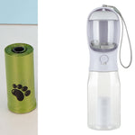 White portable dog water bottle with filter mesh and carrying strap