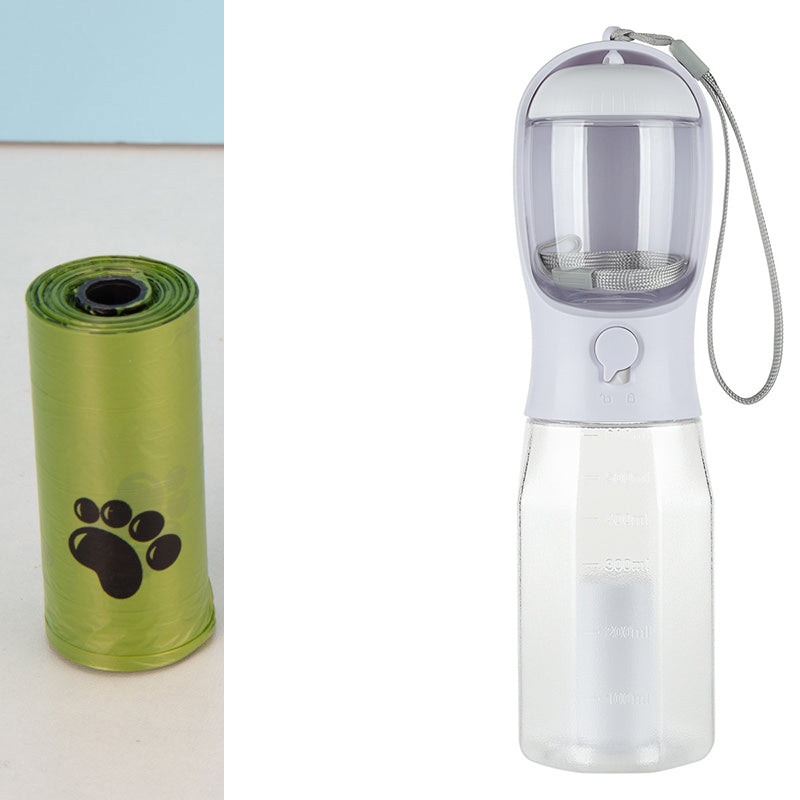 White portable dog water bottle with filter mesh and carrying strap