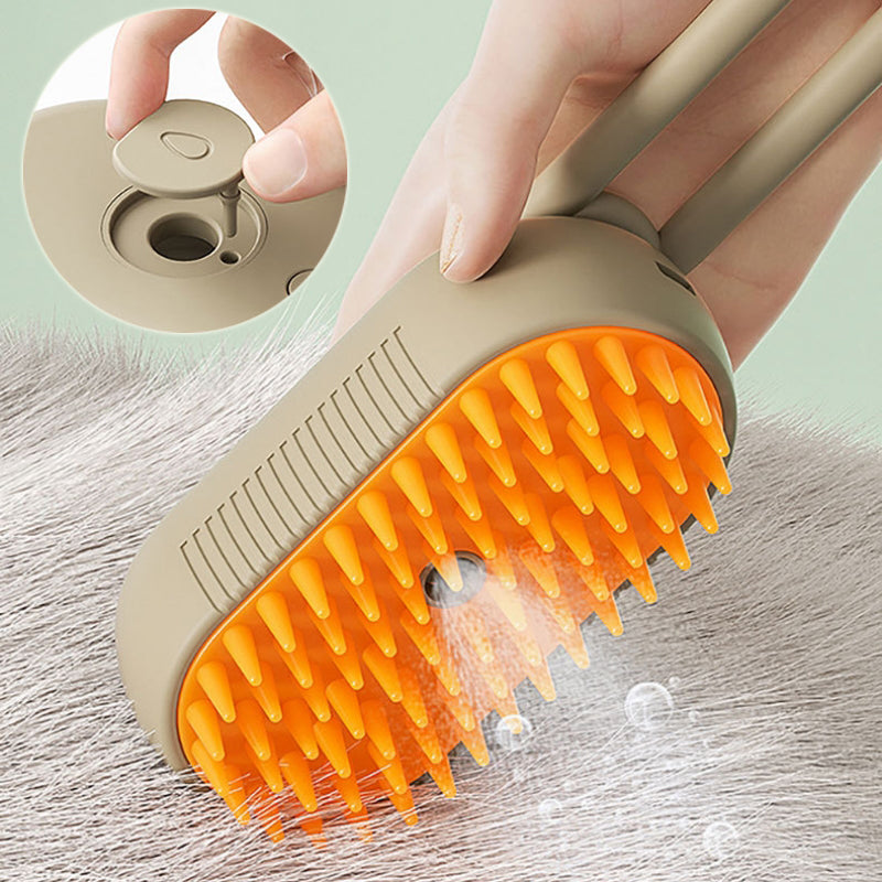 Electric steam pet brush with orange bristle head and beige sprayer opening