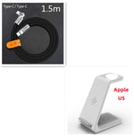 Wireless charging stand with white phone dock and black 1.5m cable with Type-C end.