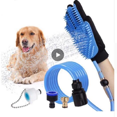 Handheld pet shower sprayer kit with blue brush head, hose, and faucet adapter parts