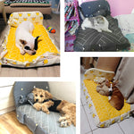 Small teddy dog pet bed with yellow patterned cushion in home setting