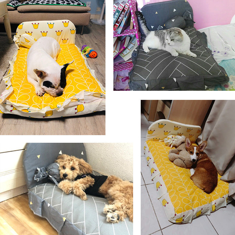 Small teddy dog pet bed with yellow patterned cushion in home setting