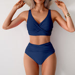 Blue high-waist bikini set with twist-front V-neck bralette and matching high-rise briefs