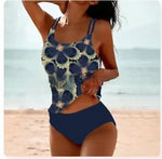 High-waist bikini set with navy star floral cami top and navy briefs