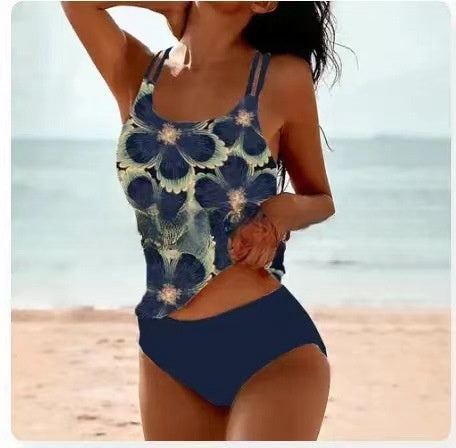 High-waist bikini set with navy star floral cami top and navy briefs