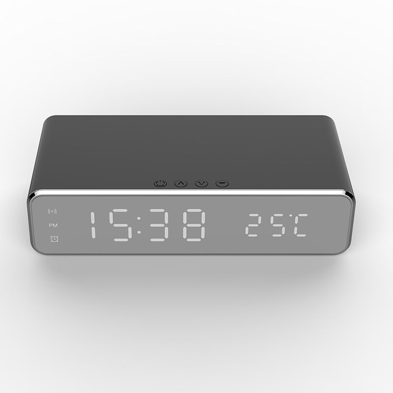 Digital alarm clock front panel with LED time display and touch control buttons