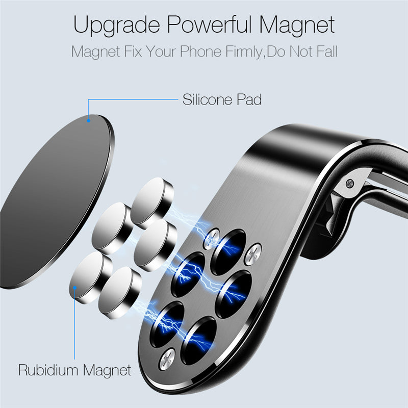Magnetic phone holder showing silicone pad and magnet core inside black metal mount