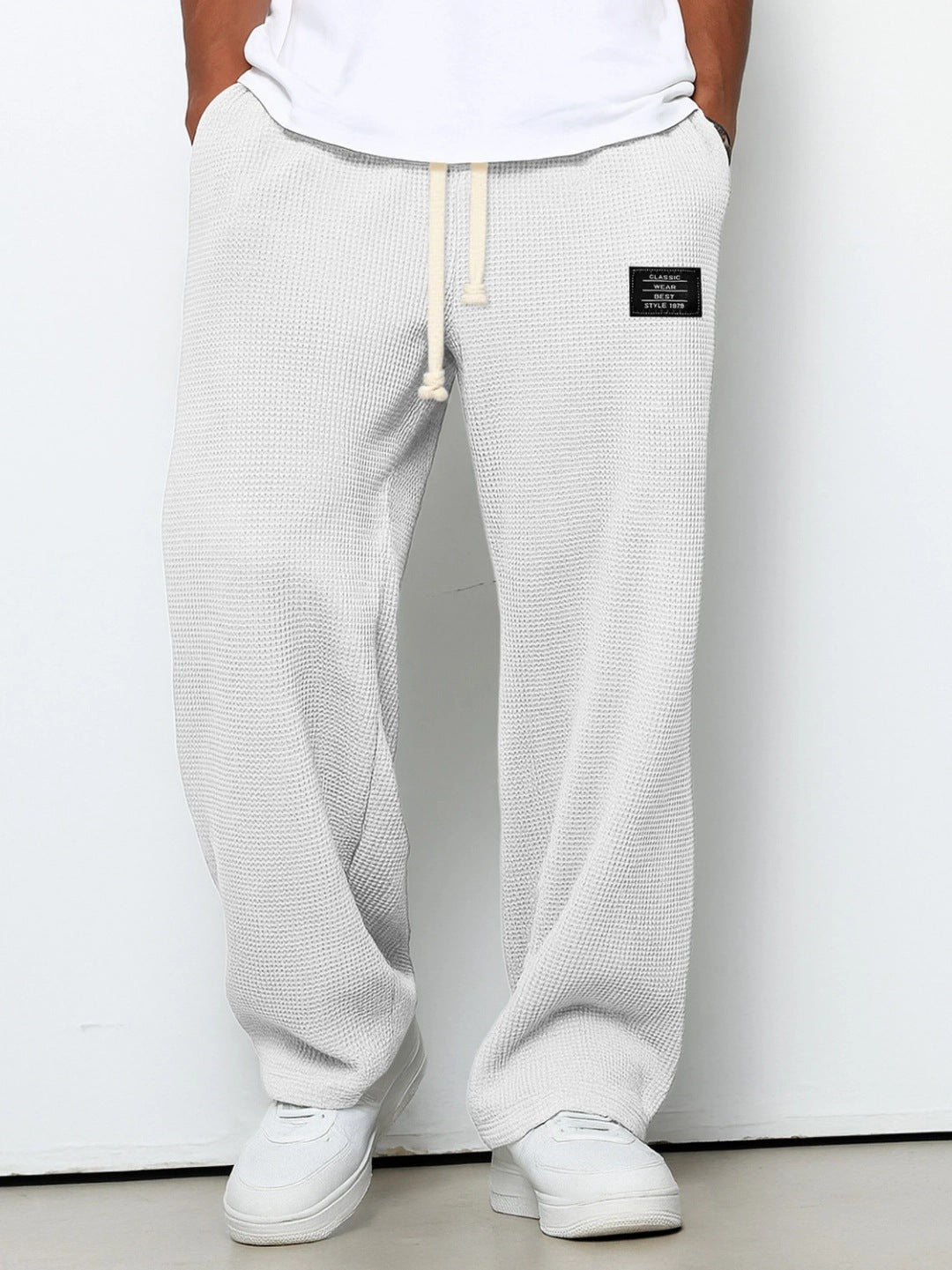 Men's waffle drawstring trousers, loose straight fit, white