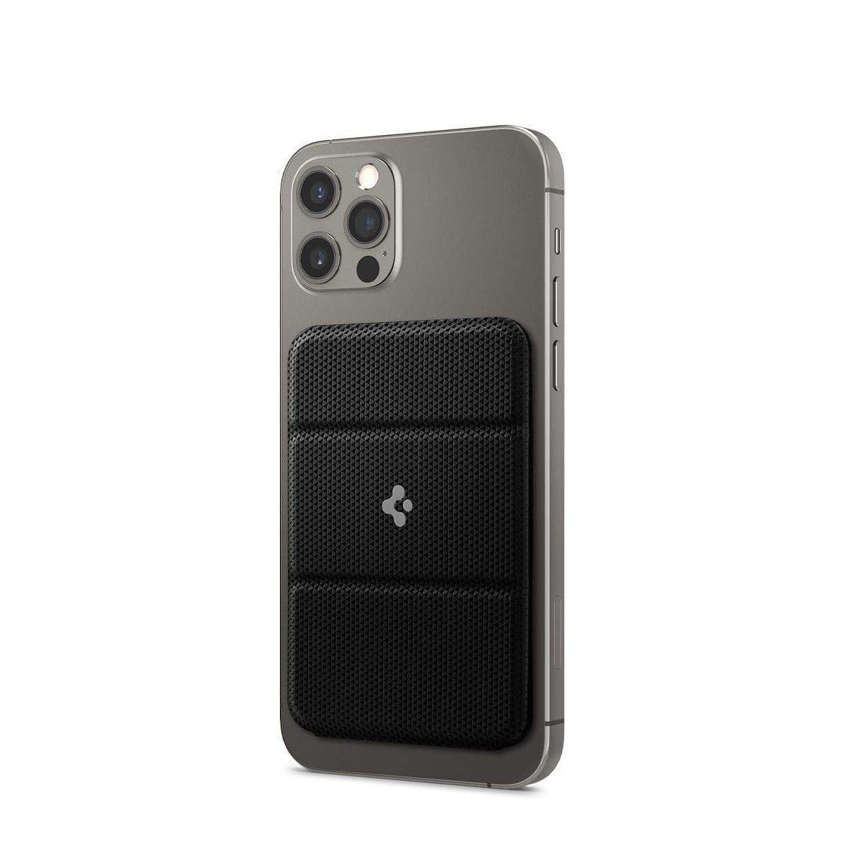 Black MagSafe card holder phone case back view, textured card compartment