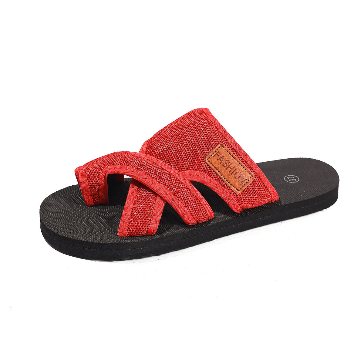 Red mesh slide slippers with peep toe, crisscross straps, and black sole