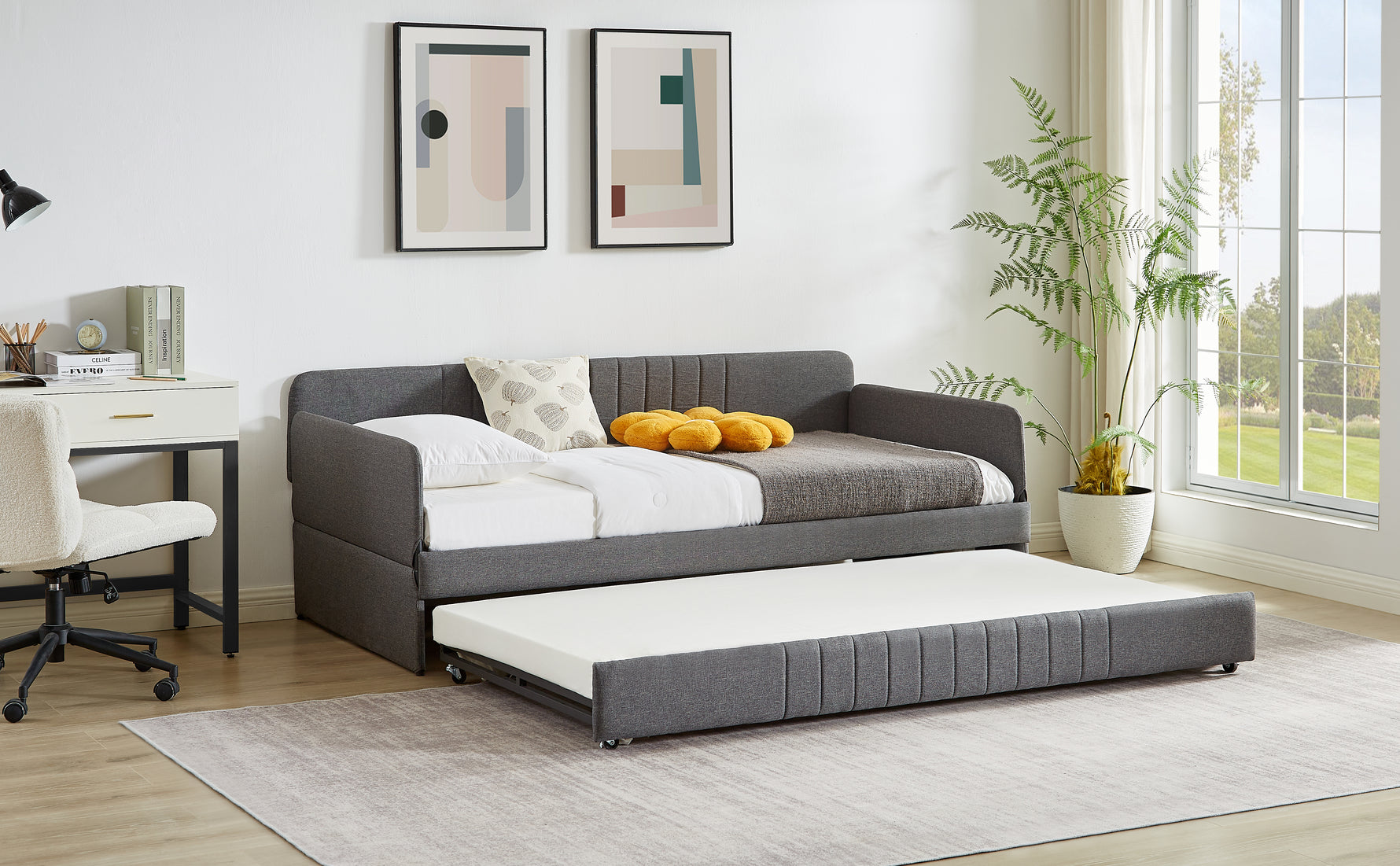 Daybed, Sofa Bed Metal Framed With Trundle Twin Size, Grey, 78.4 L X 41 W X 29.8 H.