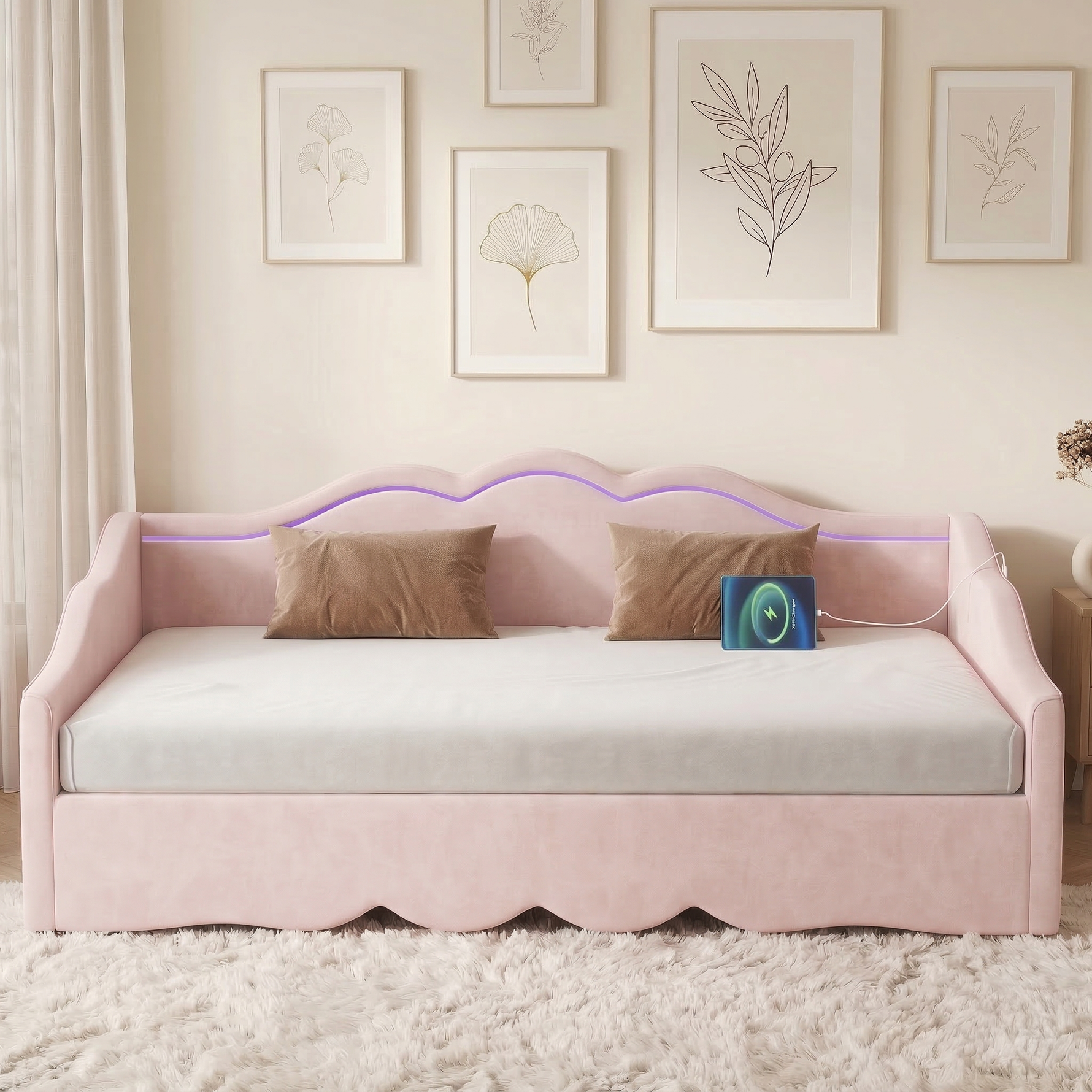 Upholstered Daybed, Sofa Bed, 90x190 Cm, Extendable To 180 Cm, With LED Lighting And USB Port, Pink Velvet
