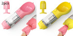 Portable pet water bottle feeder bowl set: pink and yellow with clear bottle and bag dispenser