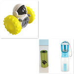 Interactive treat dispenser toy with yellow spiky ball and dark window top, white housing