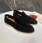 Men's suede loafers, black slip-on driving style with white rubber sole