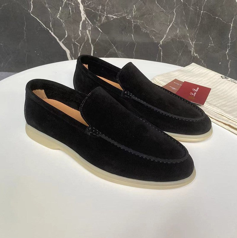 Men's suede loafers, black slip-on driving style with white rubber sole