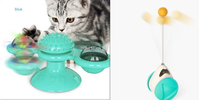 Cat rotating windmill toy with teal base, spiky disc, and two side spinning cups
