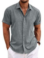 Men's linen-style stand collar short sleeve T-shirt in grey