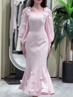 Floral Fishtail Dress by [Brand Name] - Elegant Long Sleeve with Stunning Flower Embellishments