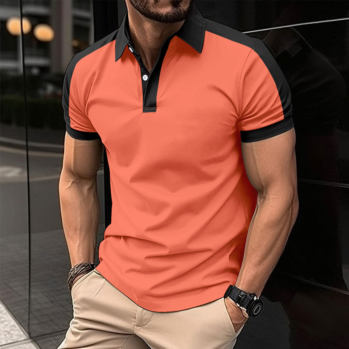 Men's short-sleeve polo shirt, coral orange with black collar and sleeve trim
