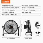Black VEVOR cordless floor fan shown from front and side with charging cable