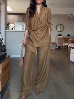 Camel satin wrap-style blouse and wide-leg pants set, draped crossover neckline