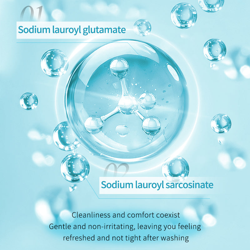 Amino acid face cleanser ingredient bubbles with sodium lauroyl glutamate and sarcosinate labels
