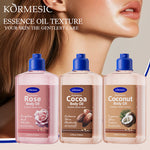 KORMESIC cocoa body oil bottle among three body oil bottles with blue caps