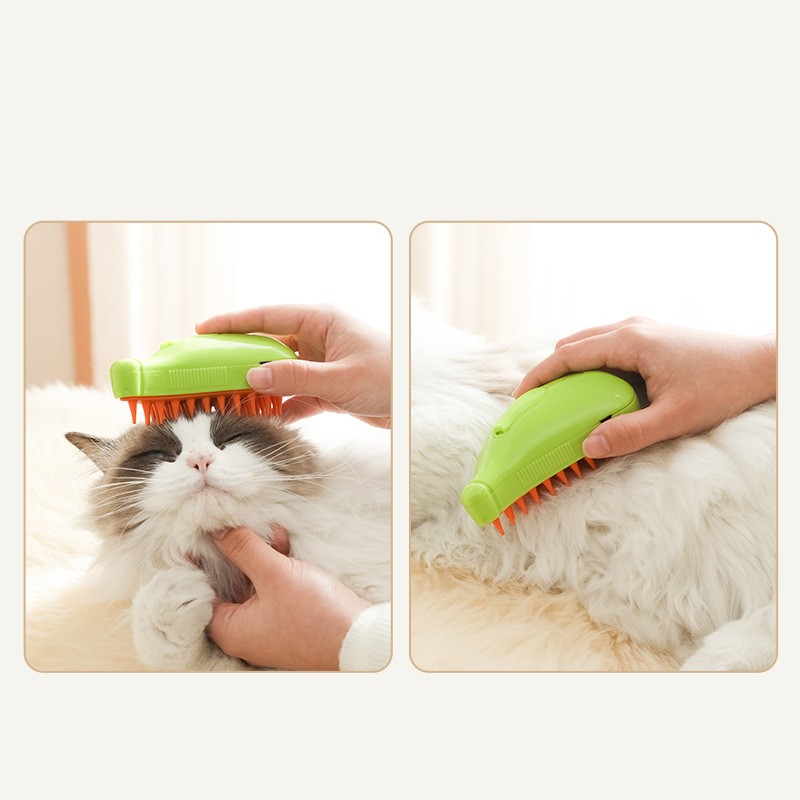 Green pet steam brush grooming a cat’s fur with silicone bristles