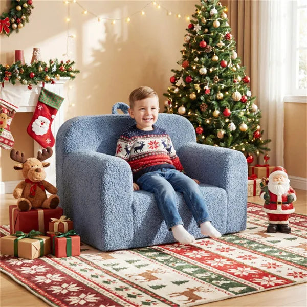 No-Assembly Kids Sofa, Soft Teddy Fleece Foam Couch With Carry Handle & Removable Washable Cover (Blue)