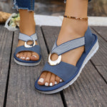Blue fish-mouth sandals with woven strap and gold metal buckle, cushioned sole