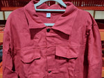 Men's denim button-front jacket with two chest flap pockets, rose red color.