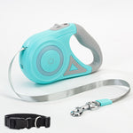 Retractable dog leash set, turquoise and gray case with gray strap and black collar