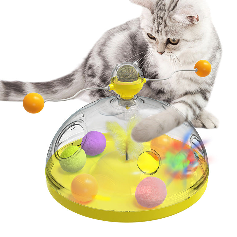 Interactive cat toy turntable with clear dome, yellow base, dangling balls and catnip spinners