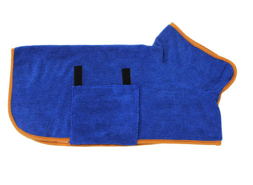 Blue microfiber pet bathrobe drying coat with orange trim and black hook-and-loop squares